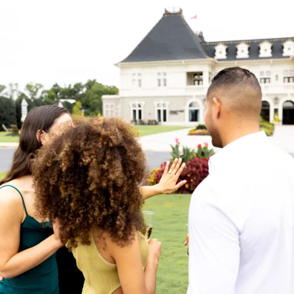 Group toasting with drinks on lawn