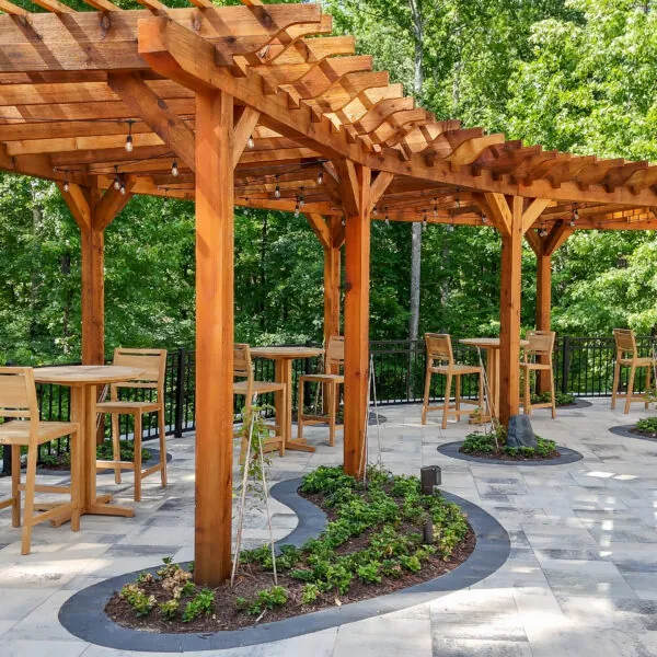 A closer shot of the outdoor bar and seating area.