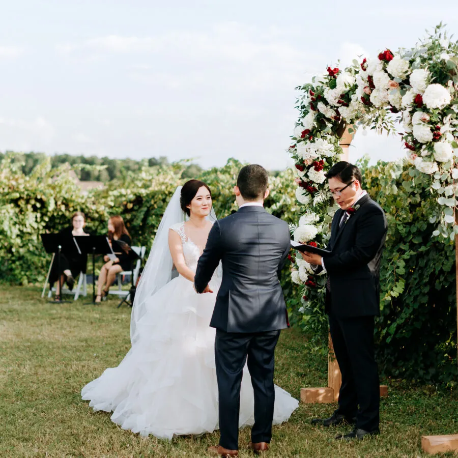 The back of a bride and groom walking together in a field.