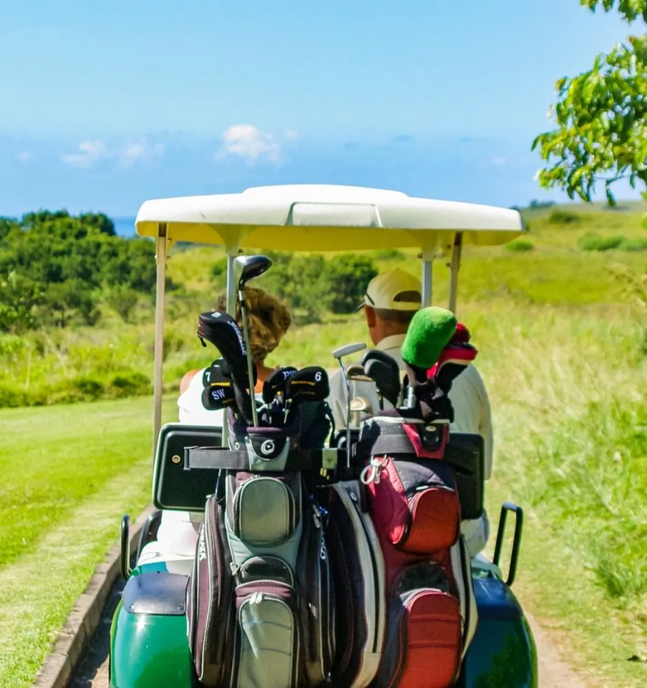 Two people in a golf cart ride down a path, with a body of water visible in the distance. The golf bags are visible on the back of the cart.