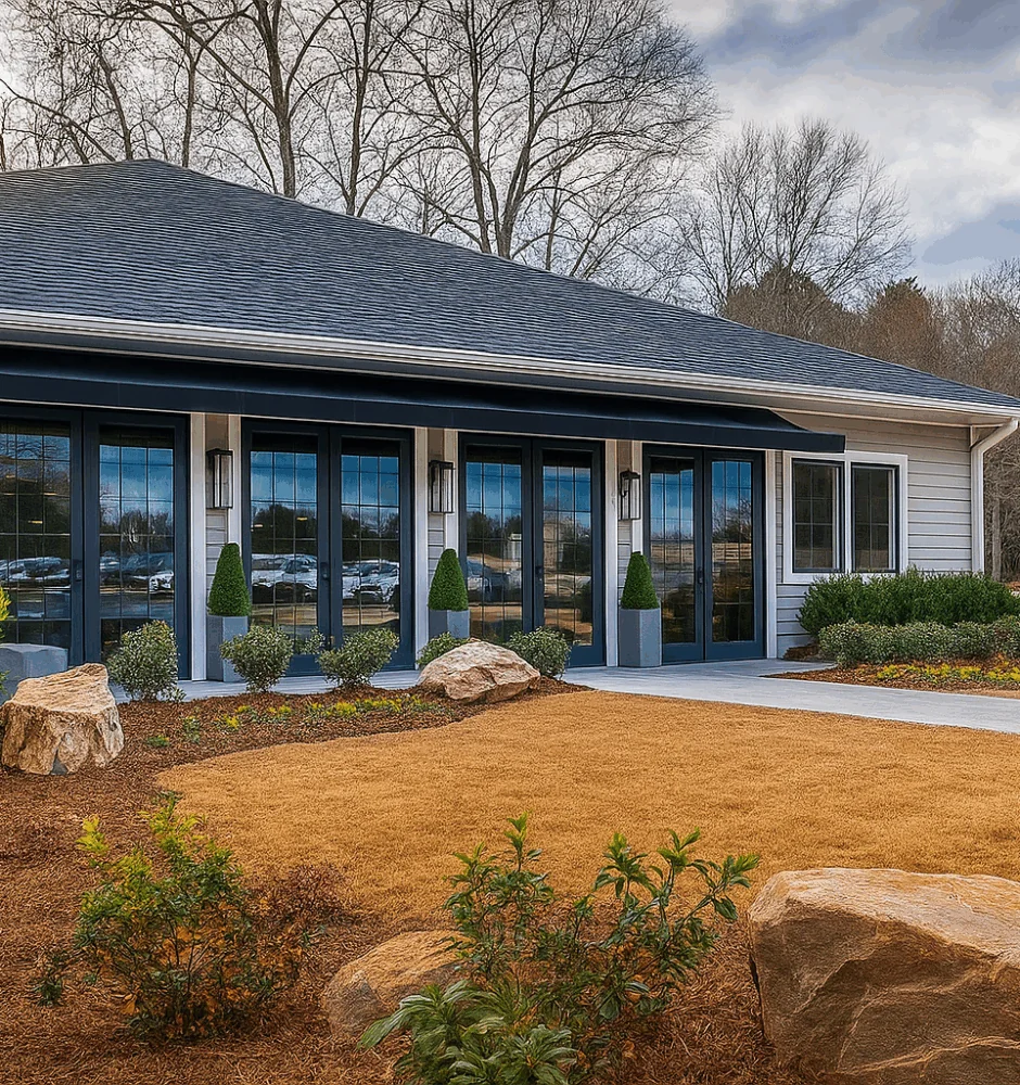 A small, modern building with a dark roof and large glass doors, surrounded by a landscaped lawn with rocks and bushes.