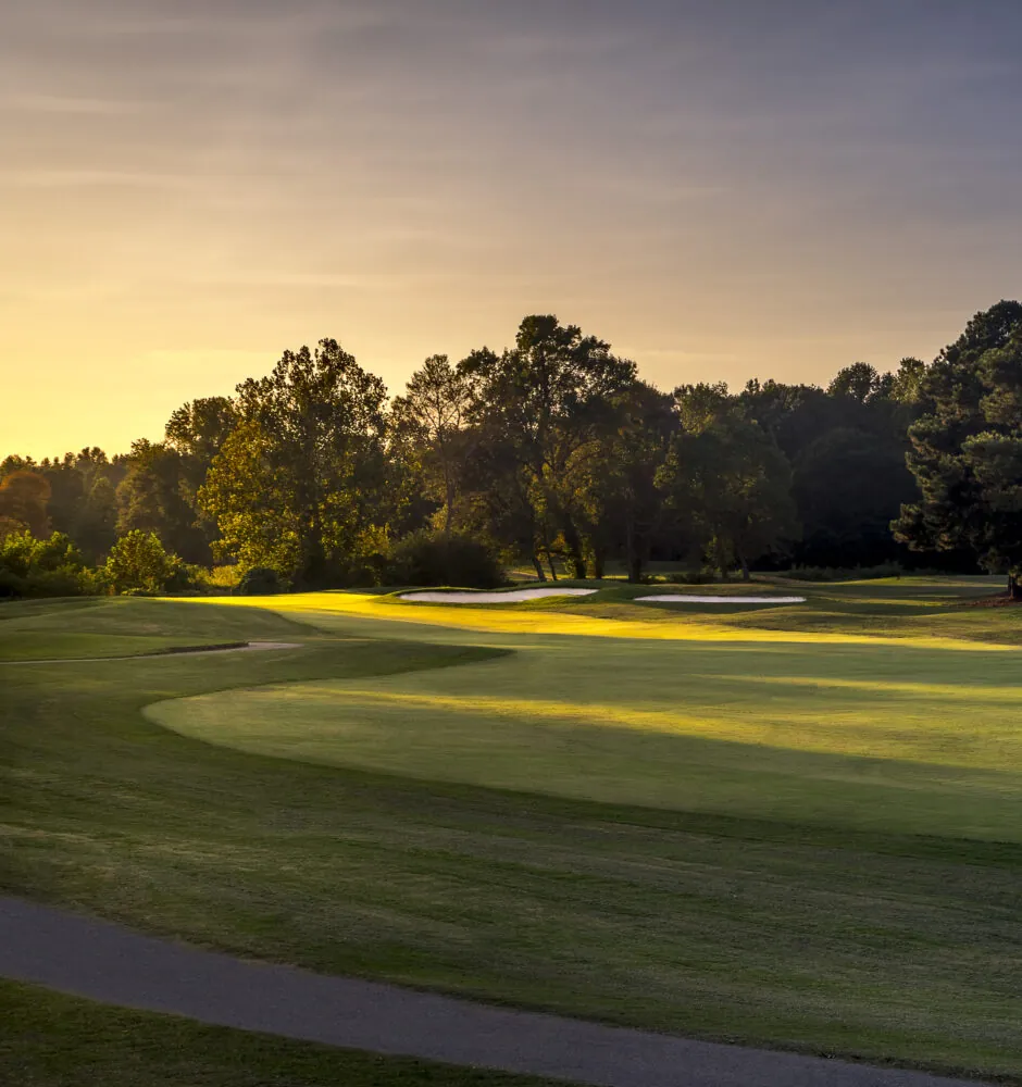 A golf course with green grass and trees in the warm light of a sunset.